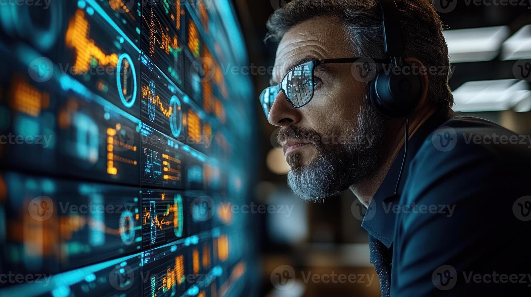 A serious analyst studies complex data visualizations in a contemporary office environment photo