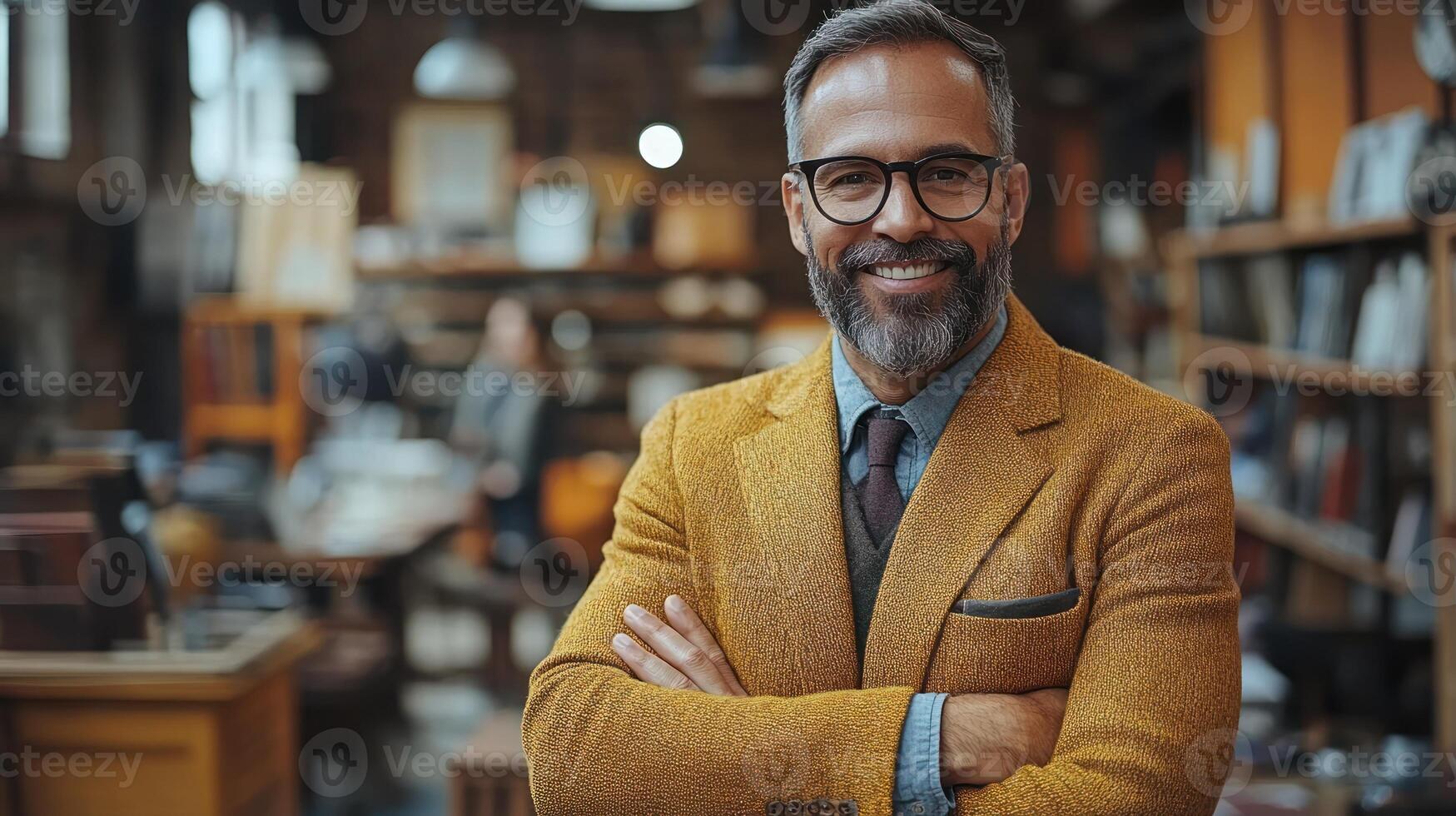 A man wearing a brown blazer smiles warmly in a charming vintage bookstore filled with books photo