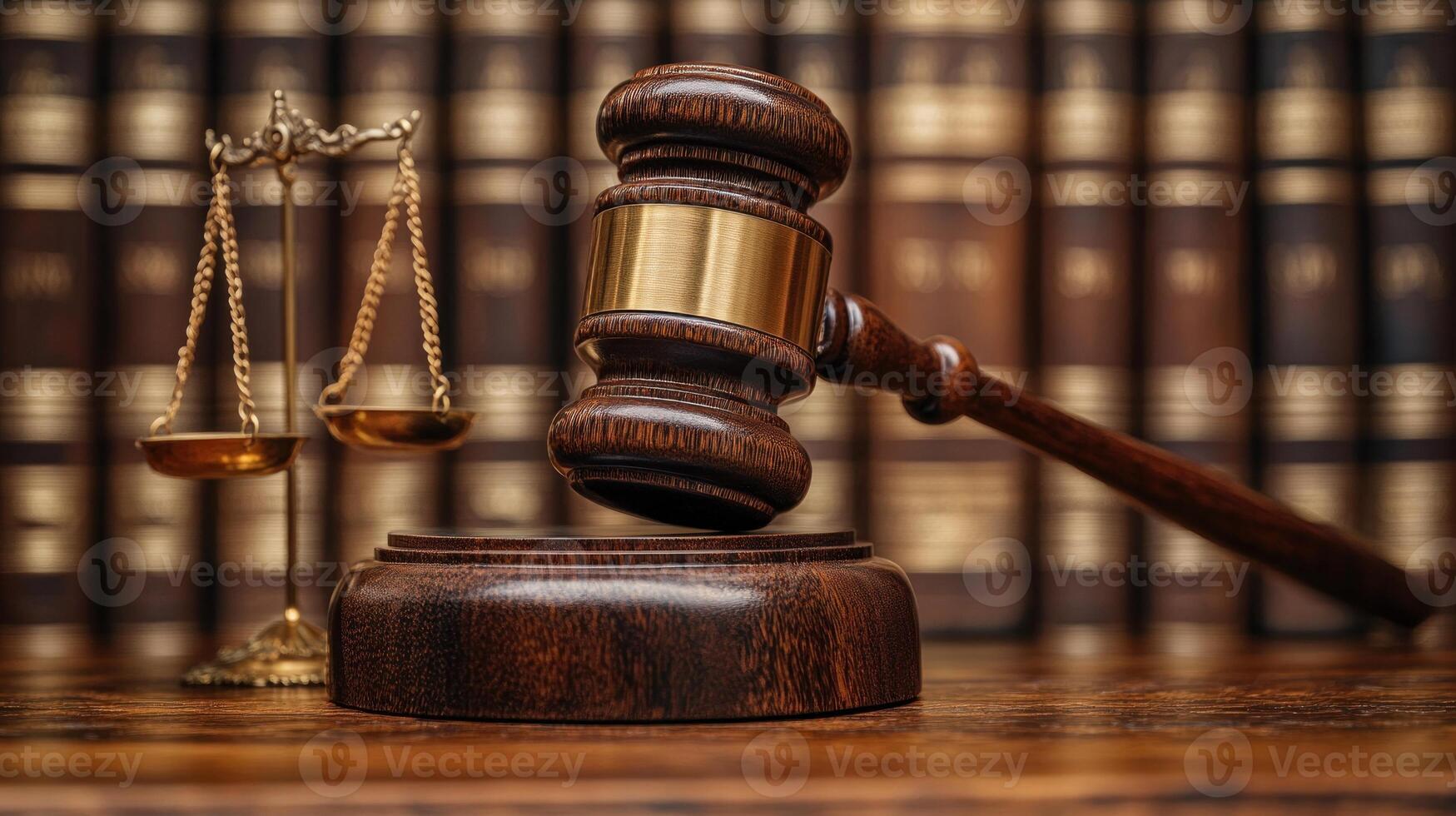 A wooden gavel lies on a sound block beside balanced scales of justice in a law library photo