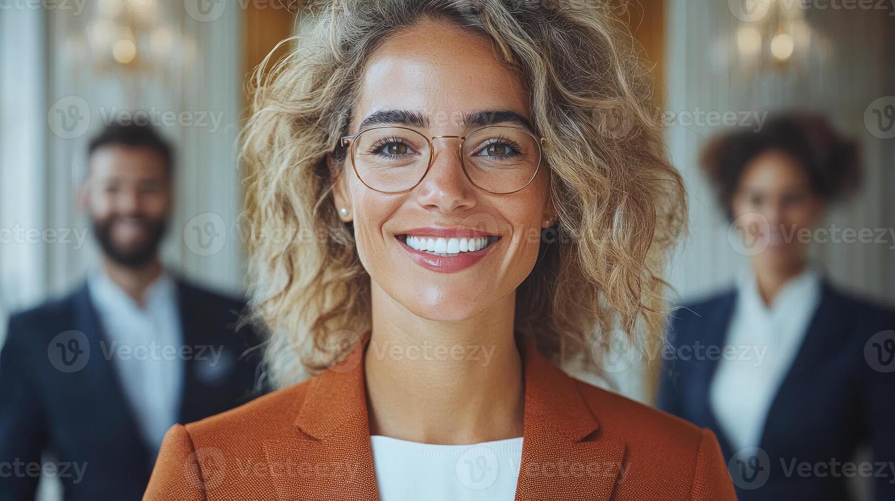 A businesswoman beams with confidence while her colleagues stand in the background at an office photo