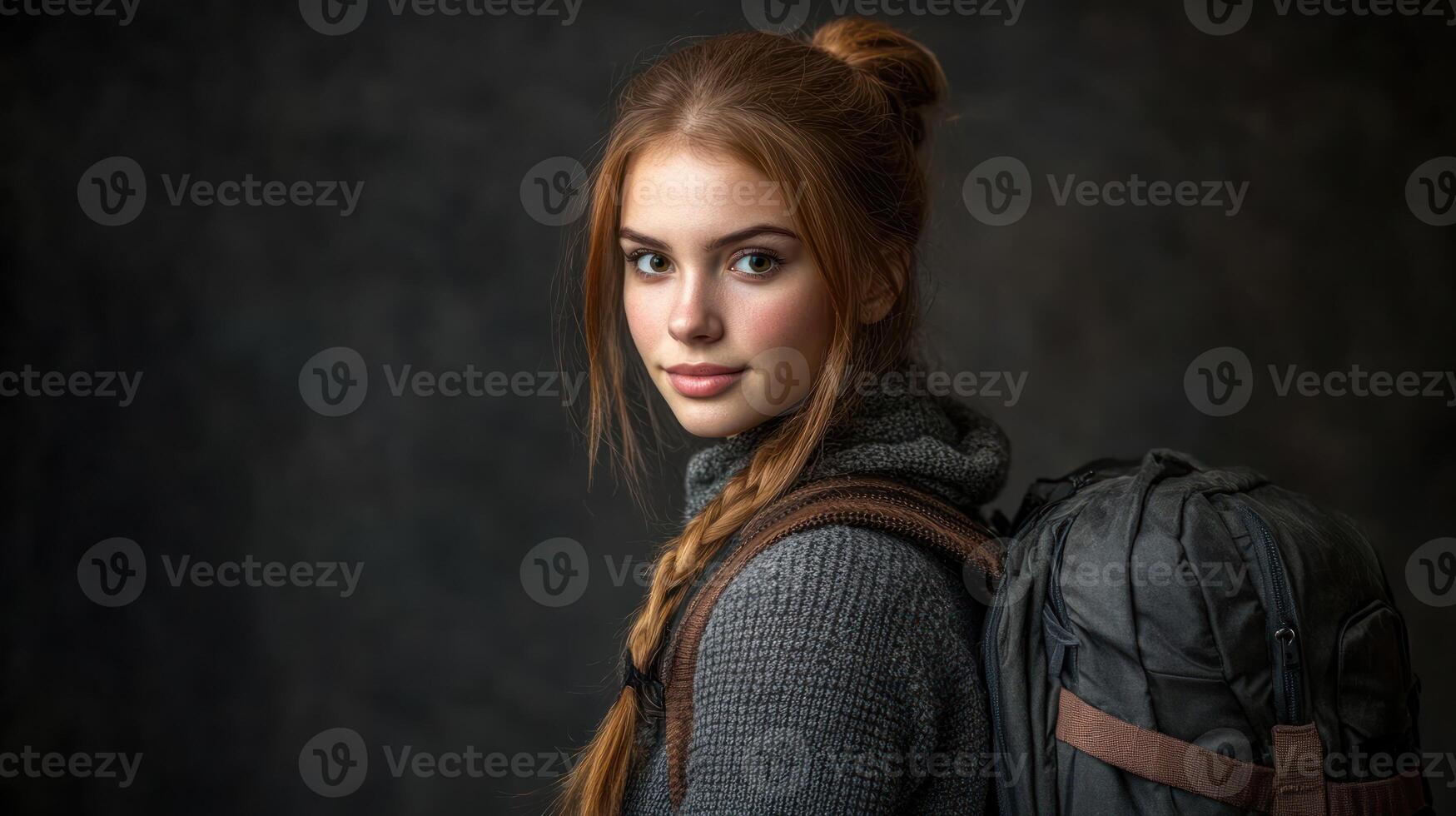 A young woman poses confidently with a braided hairstyle and a backpack in a studio photo