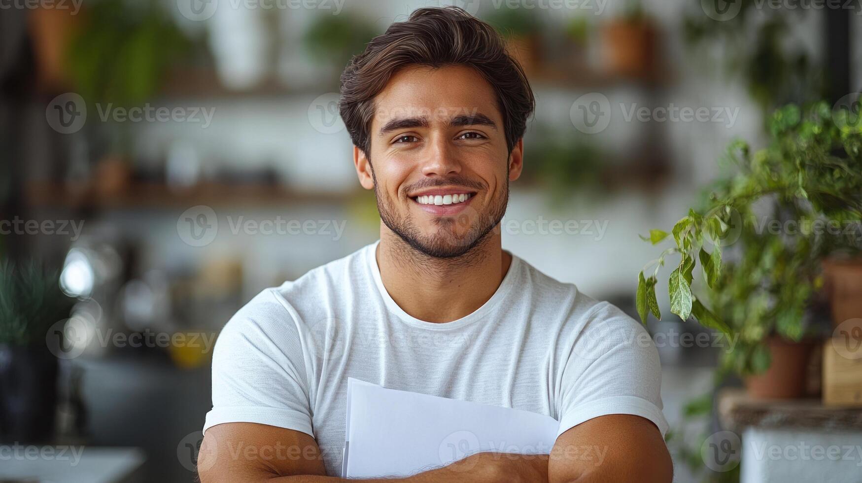 A young man exudes happiness while holding papers in a lively indoor setting with greenery photo