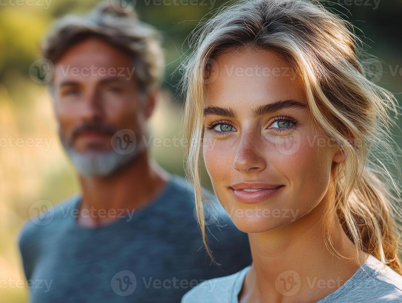 Young woman smiles brightly with a mature man softly blurred in the background amid natures beauty photo