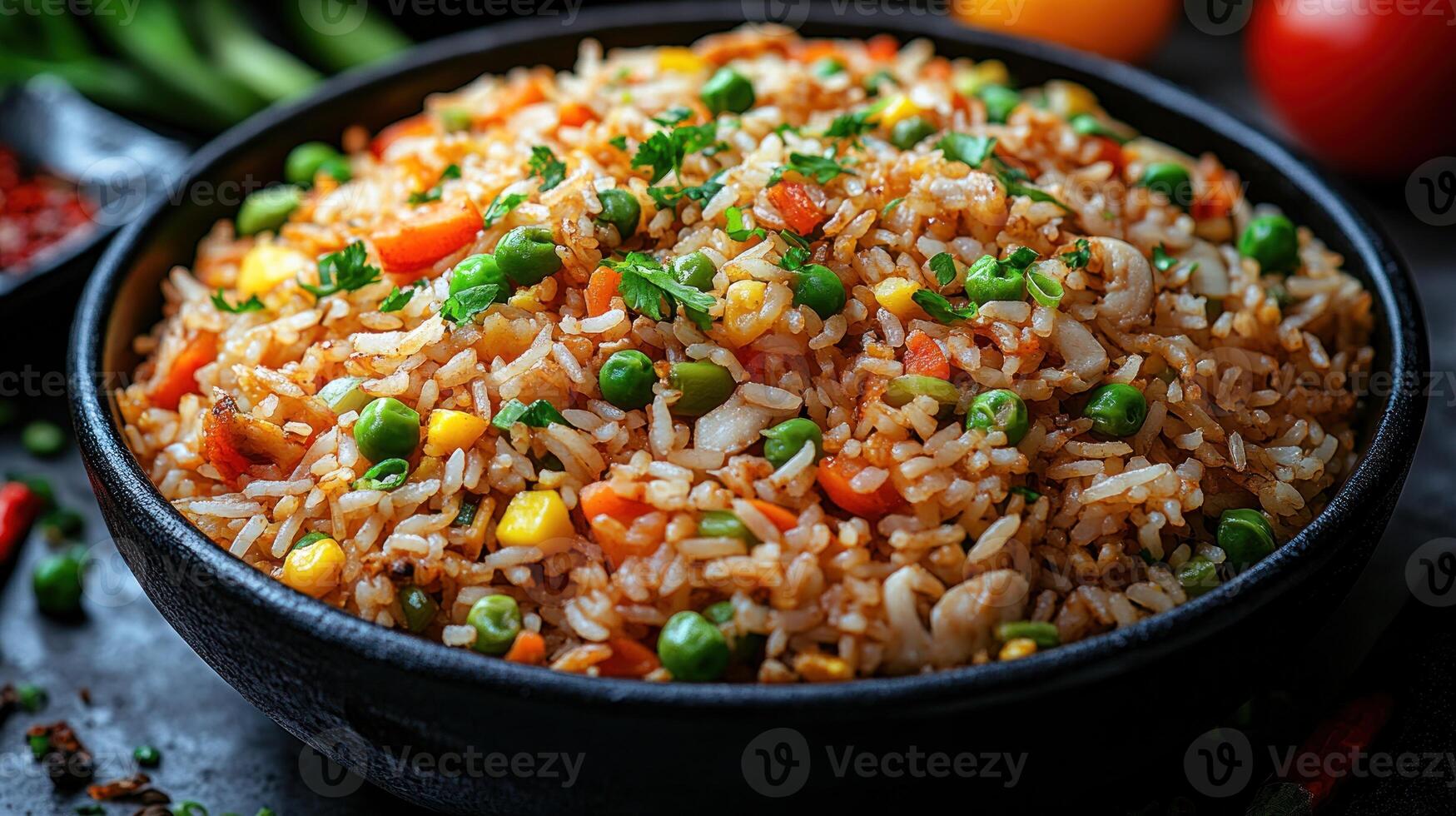 A vibrant bowl of fried rice packed with colorful vegetables and herbs, ready to be enjoyed photo