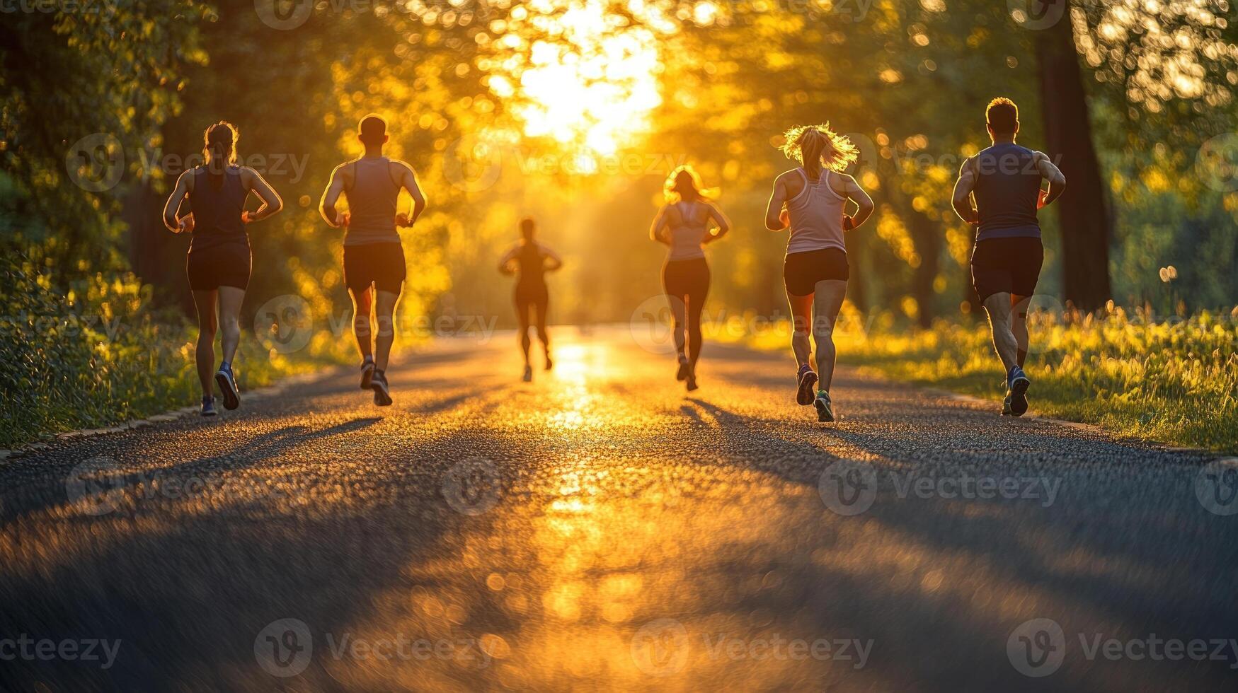 A group of runners jogs together during a beautiful sunset over a scenic path photo