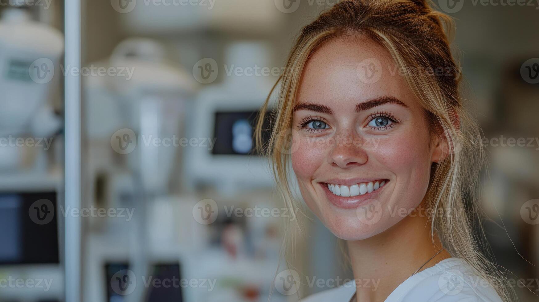 A healthcare professional smiles warmly while interacting with patients in a clinic photo