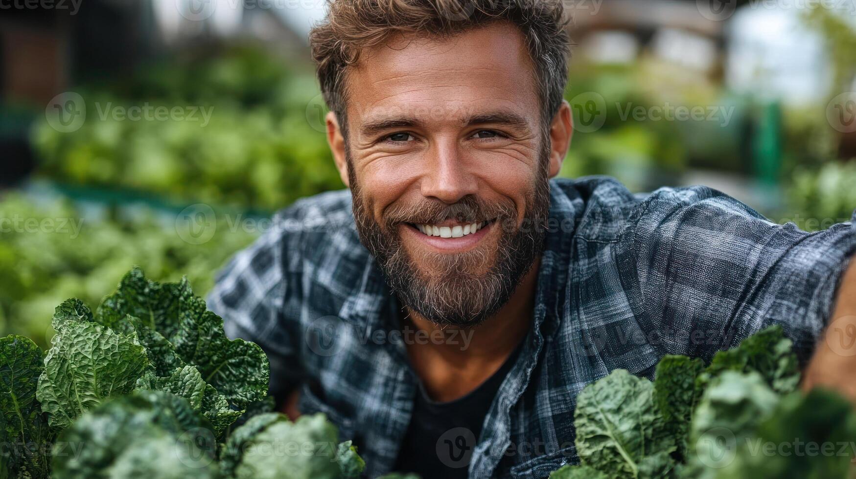 A man enjoys harvesting vibrant vegetables in a thriving garden under clear blue skies photo