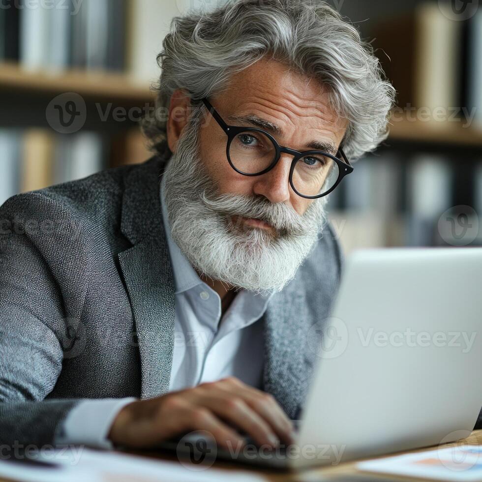 An elderly man focuses on his laptop while sitting in a stylish office filled with books photo