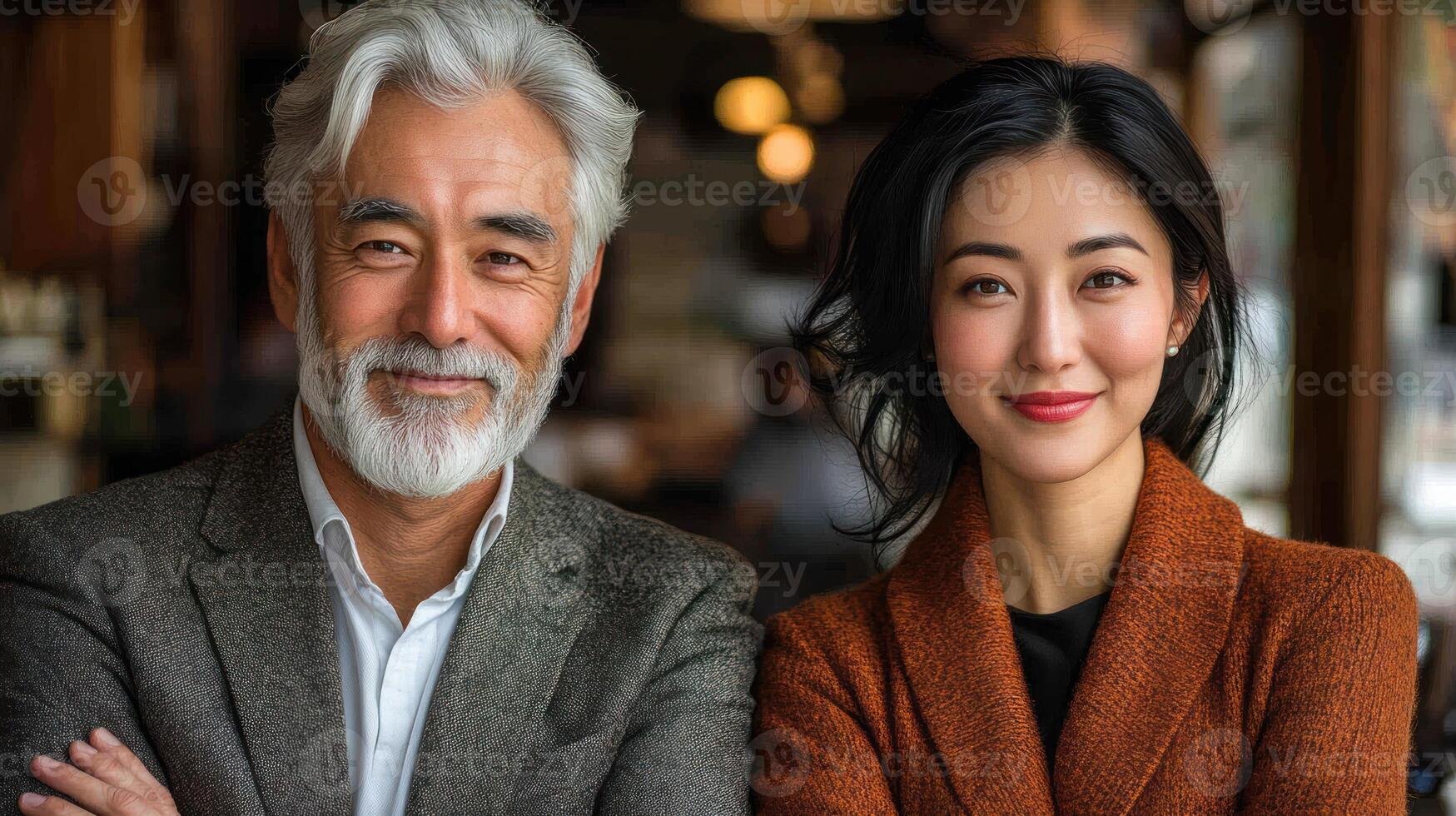 Two cheerful people relax together in a warmly lit cafe, enjoying each other's company photo