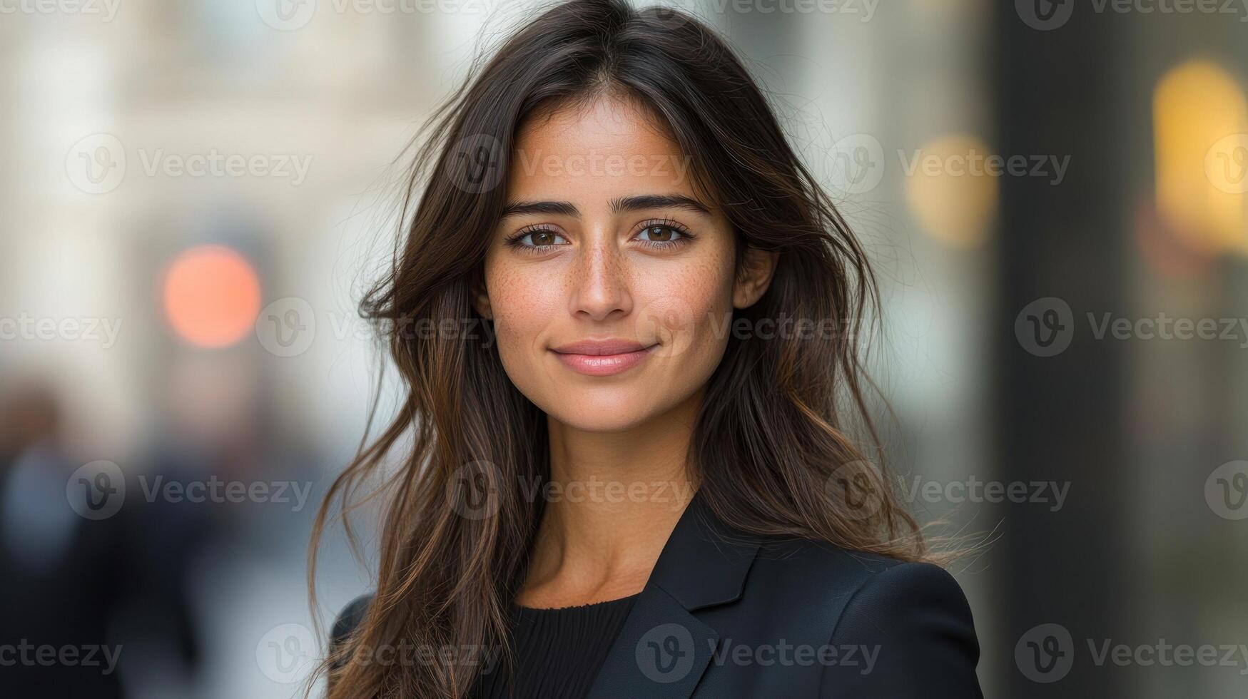 A young woman stands confidently, smiling in a bustling urban environment photo