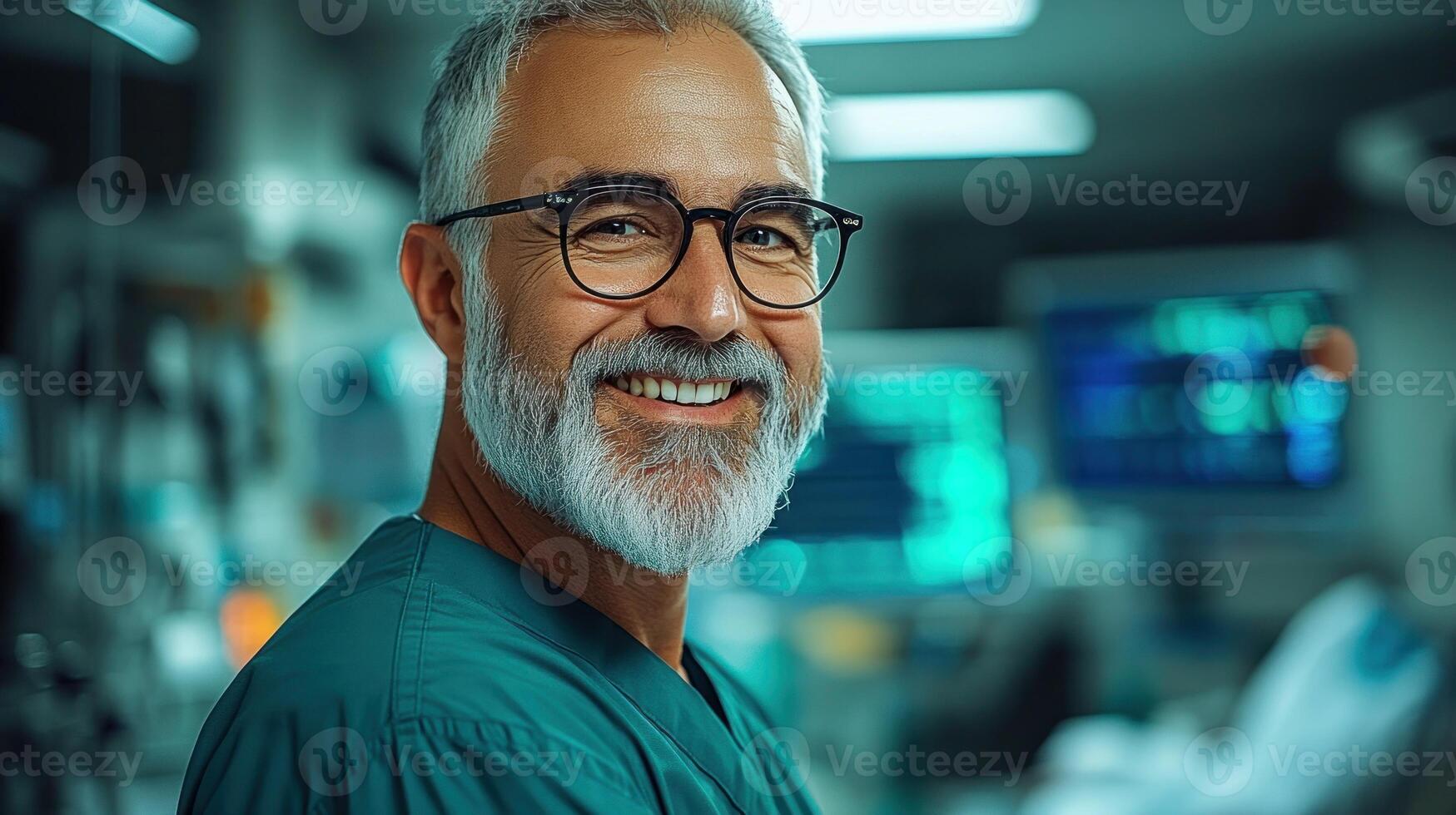 A joyful male surgeon in scrubs smiles confidently in a modern hospital environment photo
