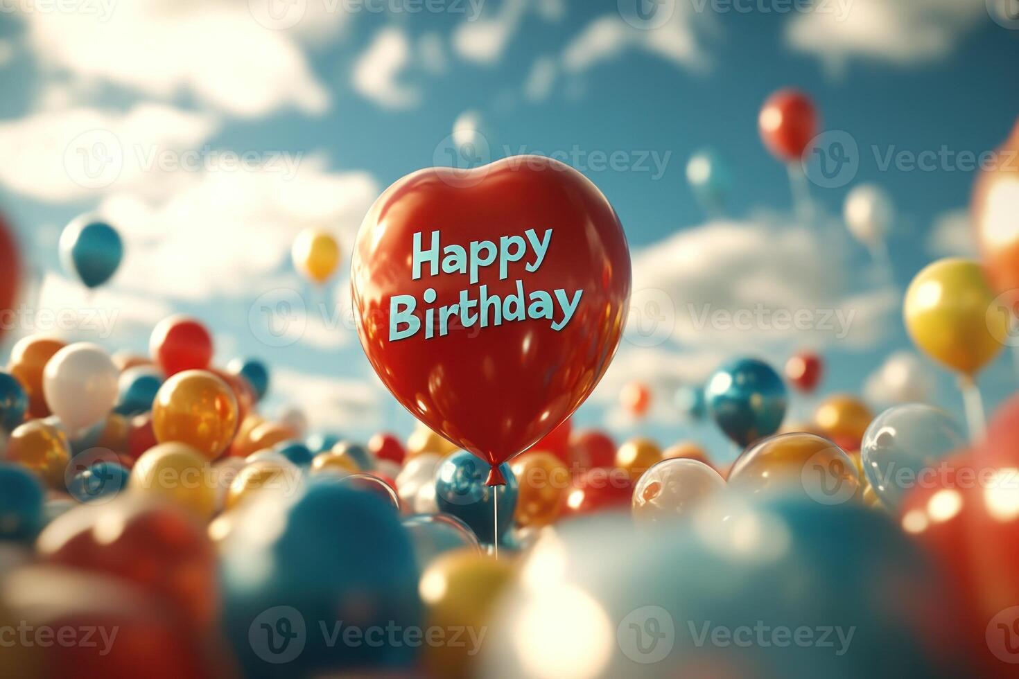 A heart-shaped balloon with Happy Birthday text floats among vibrant balloons under a blue sky photo