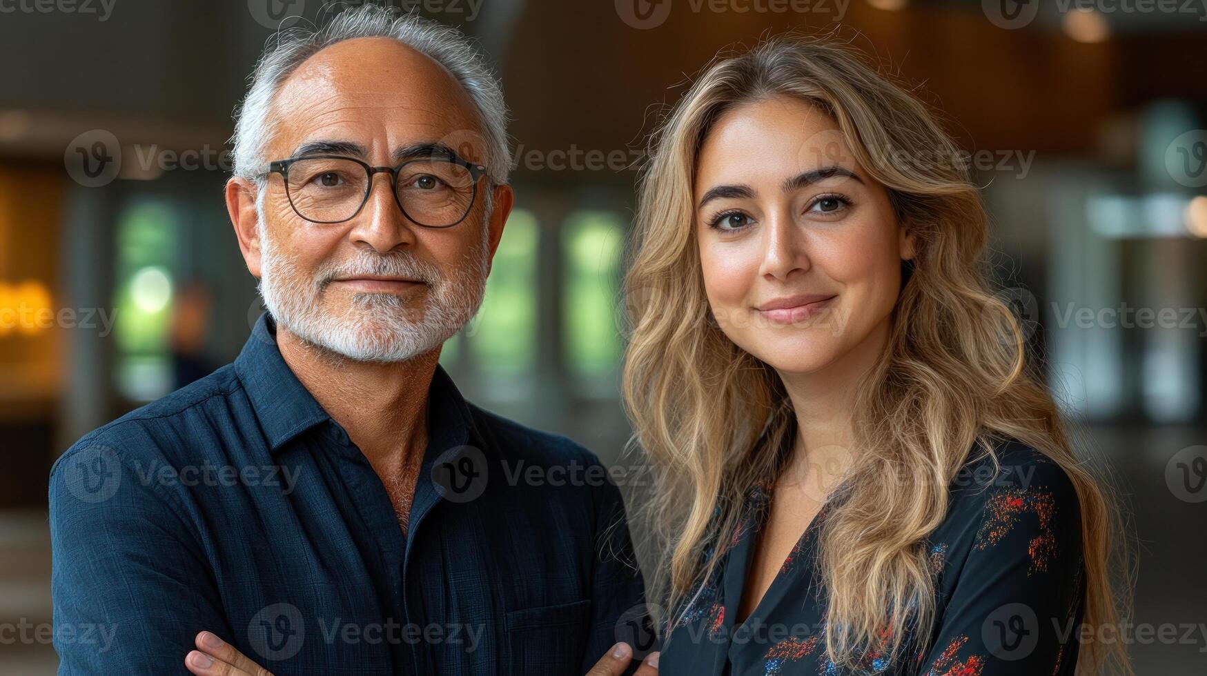 Two individuals pose confidently in a contemporary office, showcasing their camaraderie and professionalism photo