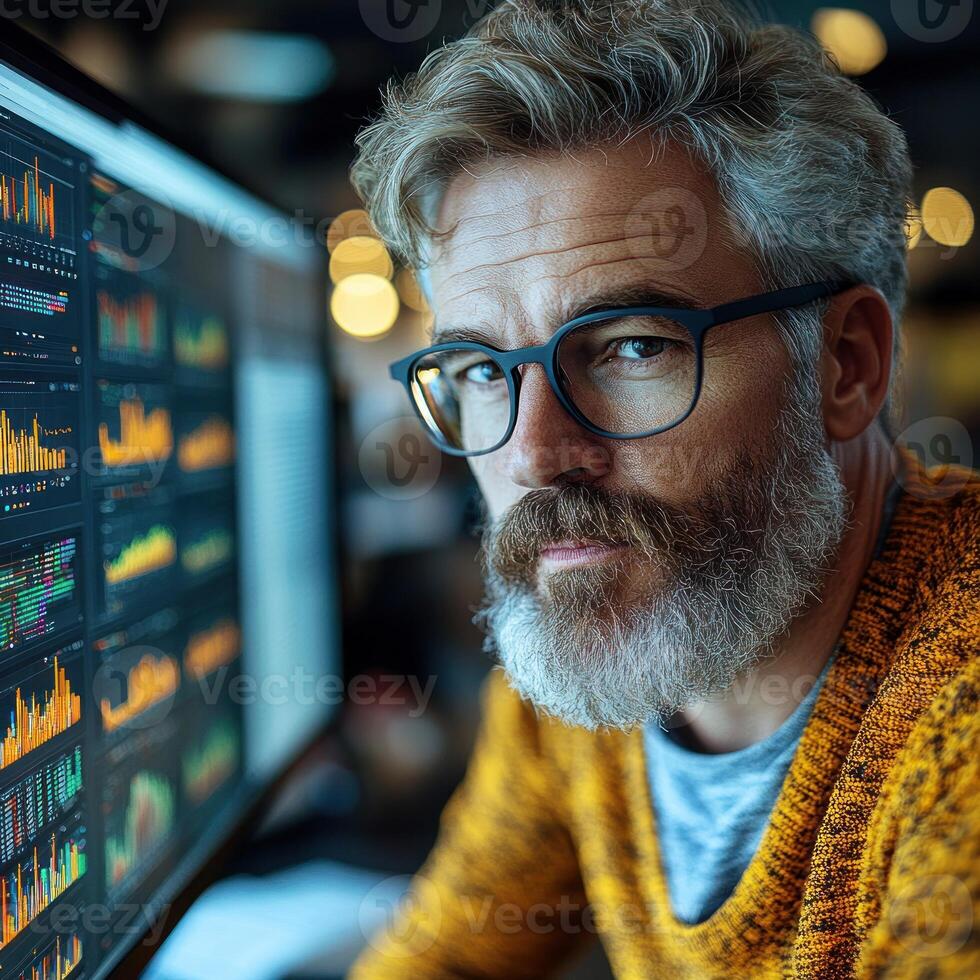 A man examines detailed financial charts and graphs displayed on multiple screens in a contemporary office photo