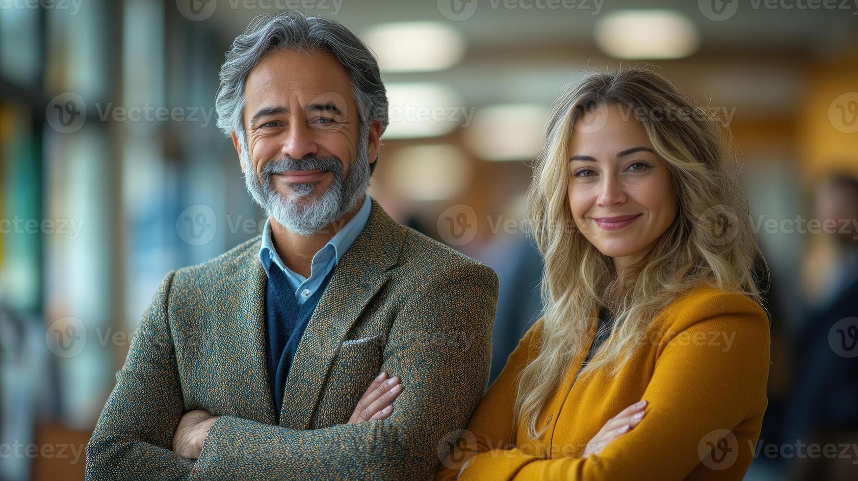 Two professionals in business attire smile confidently in a well-lit office environment photo