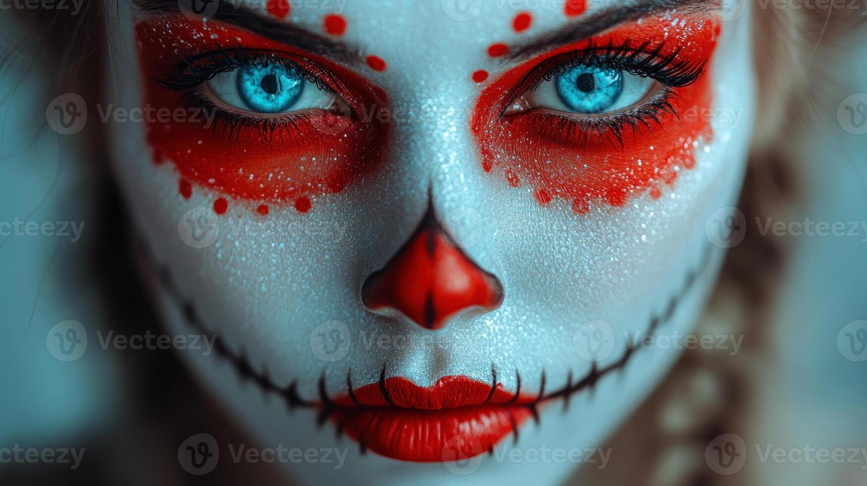 A person showcases striking face paint featuring red and white patterns for a cultural event photo