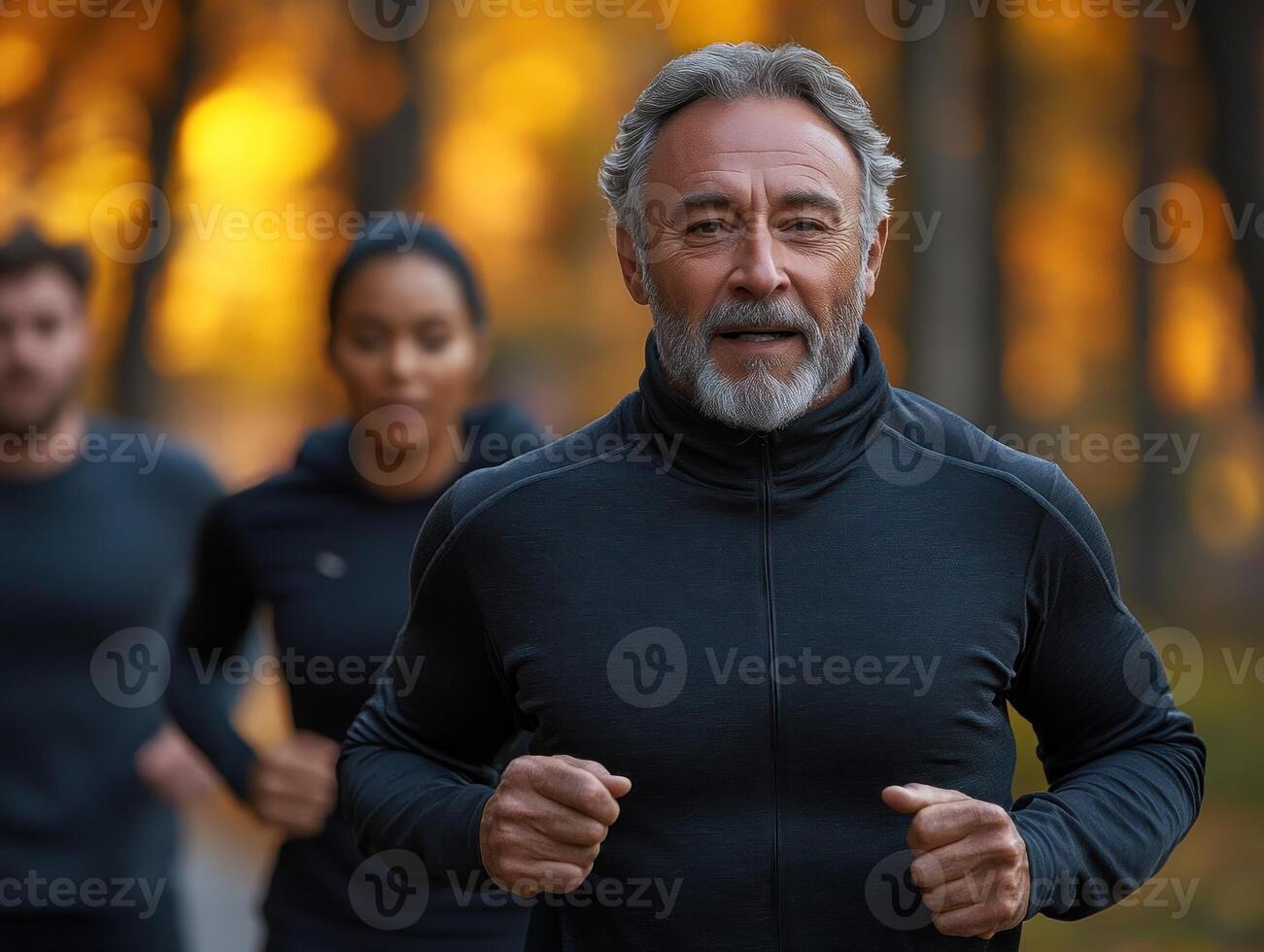 A group of adults enjoy jogging together in a colorful autumn park photo