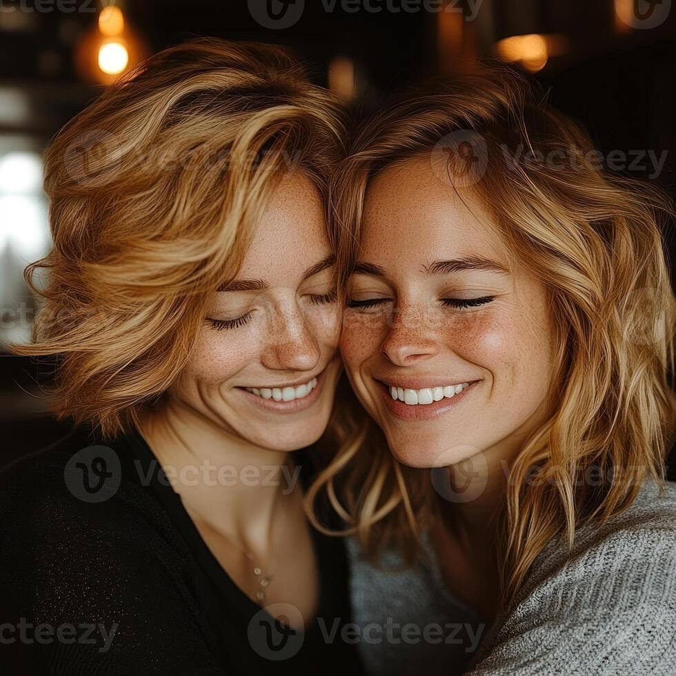 Two joyful friends share a warm hug and laughter in a welcoming cafe ambiance photo
