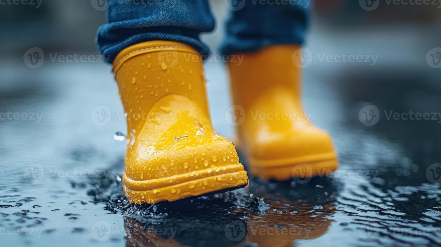 Yellow rain boots dance through puddles as raindrops create ripples on the surface photo