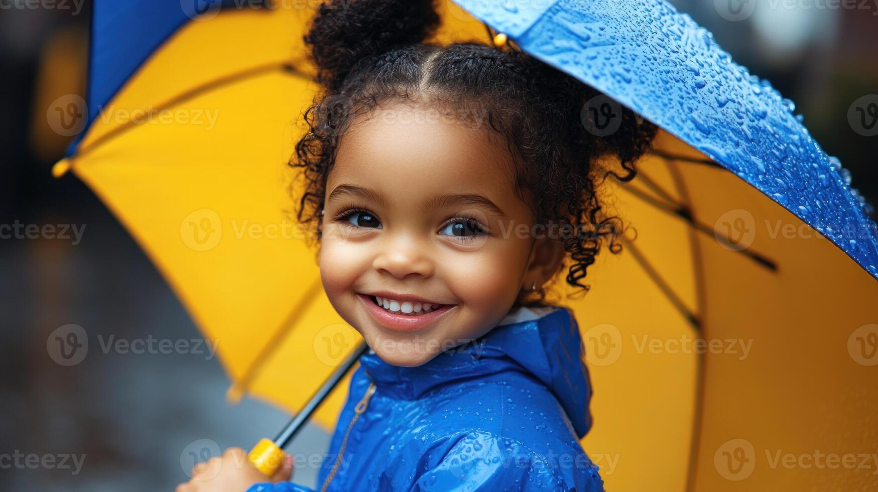 Joyful girl enjoys the rain while holding a vibrant yellow umbrella photo