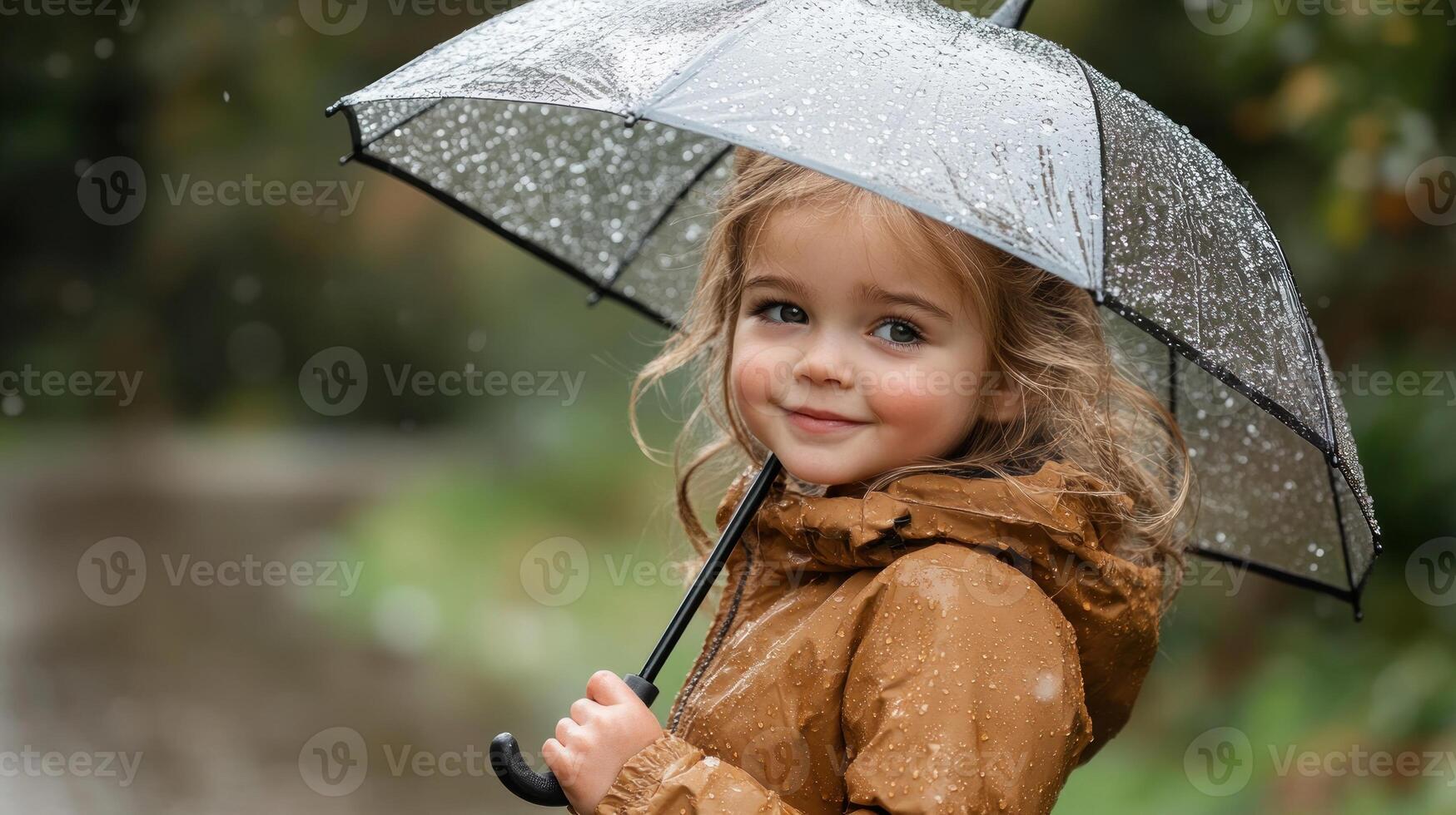 Child enjoys the rain while holding a clear umbrella in a lush, green environment photo