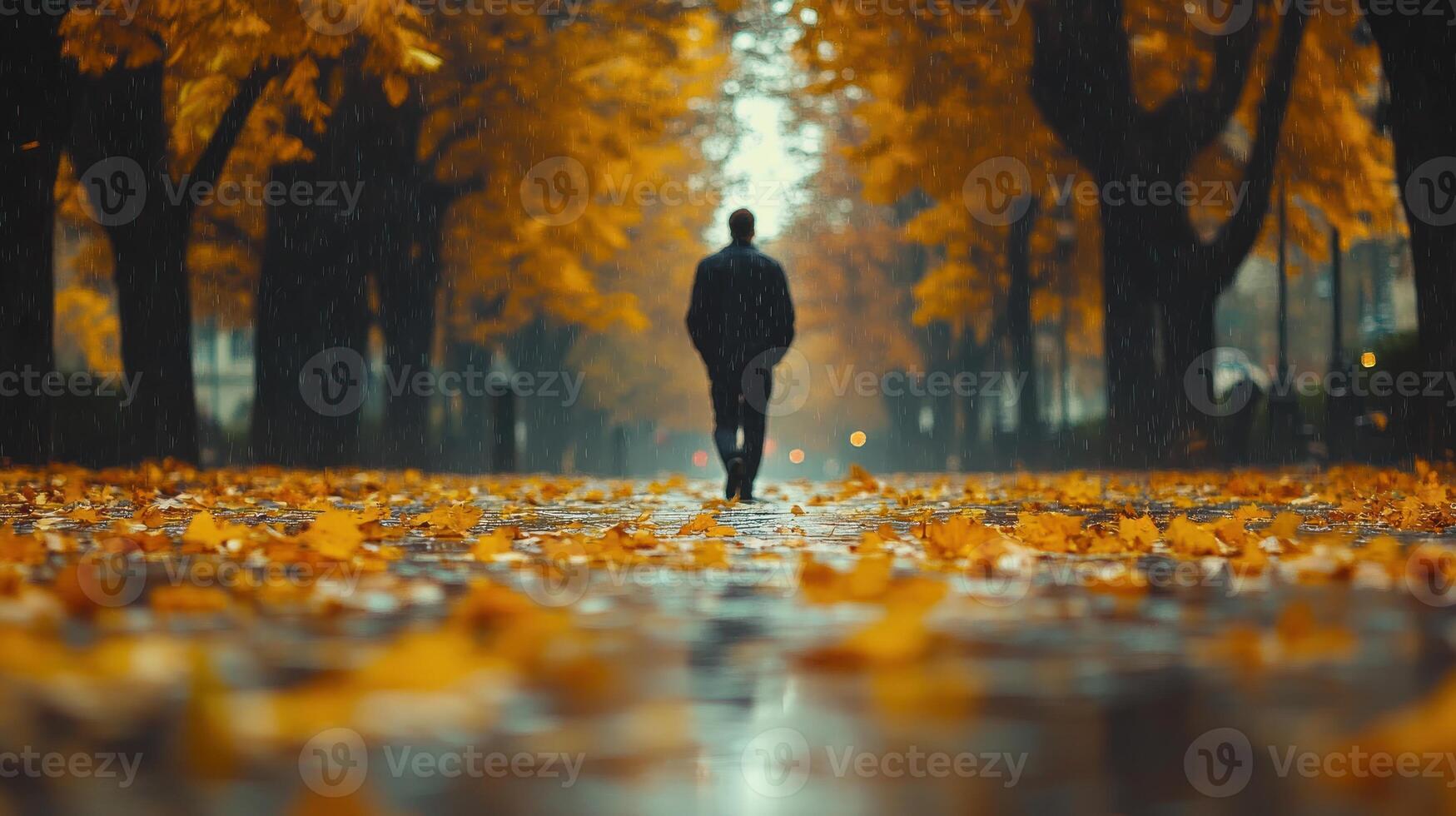 A person strolls along a tree-lined path covered in autumn leaves photo