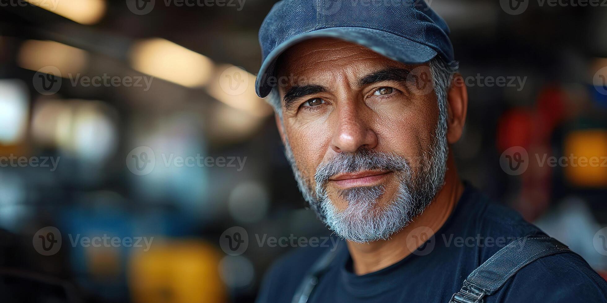 A skilled mechanic focuses intently while working in a well-lit automotive workshop photo