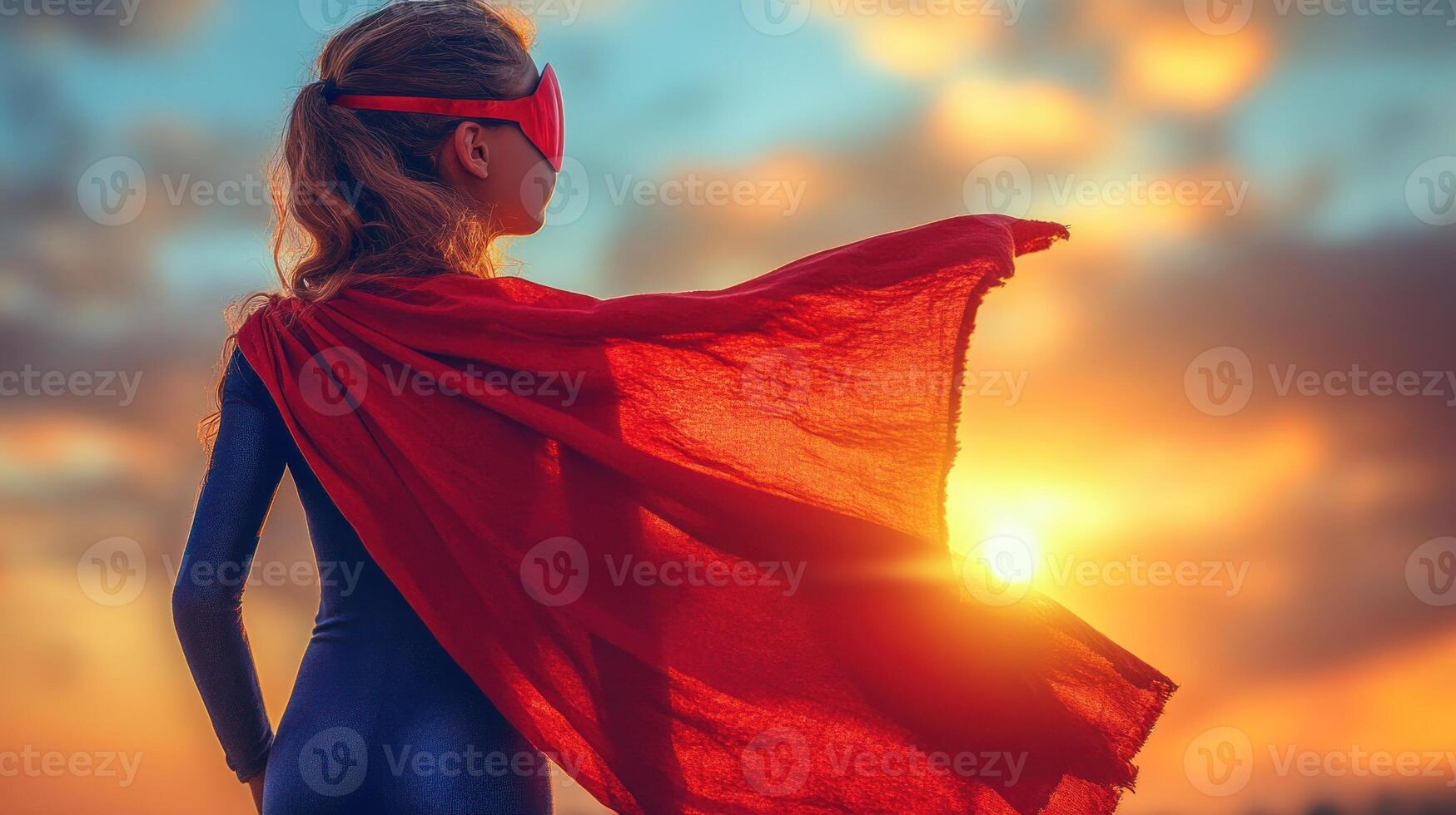 A girl in a cape admires the sunset, embodying the spirit of a superhero in a beautiful landscape photo