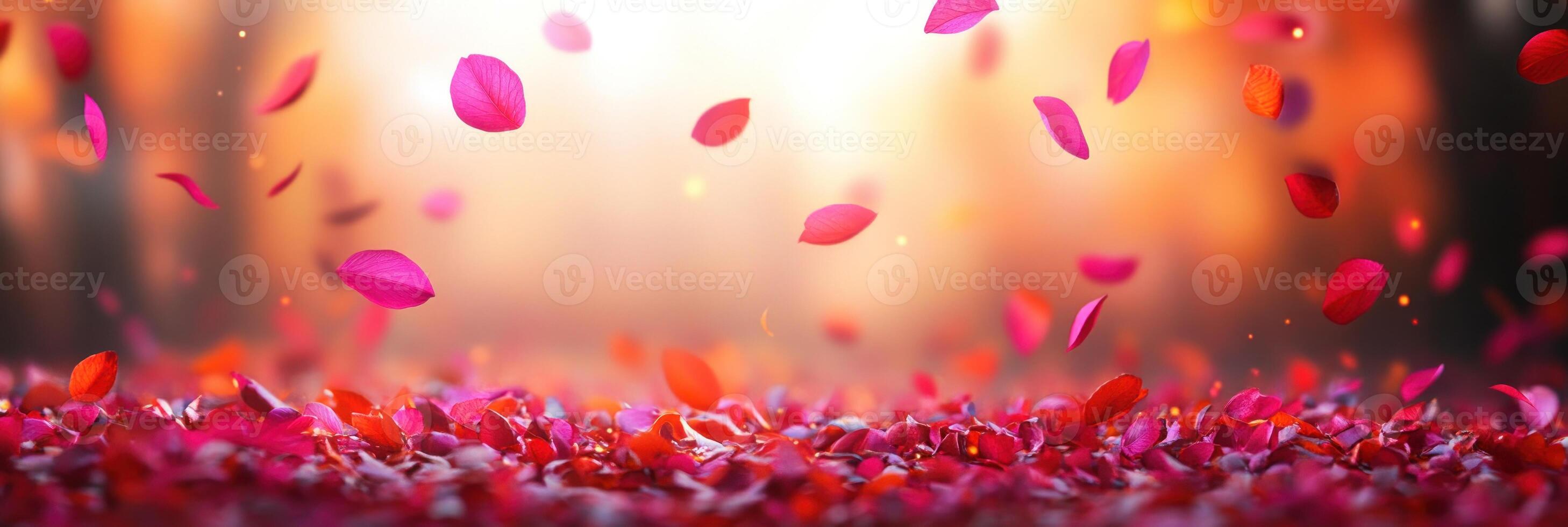 Petals cascade softly to the ground, creating a colorful blanket at dusk photo