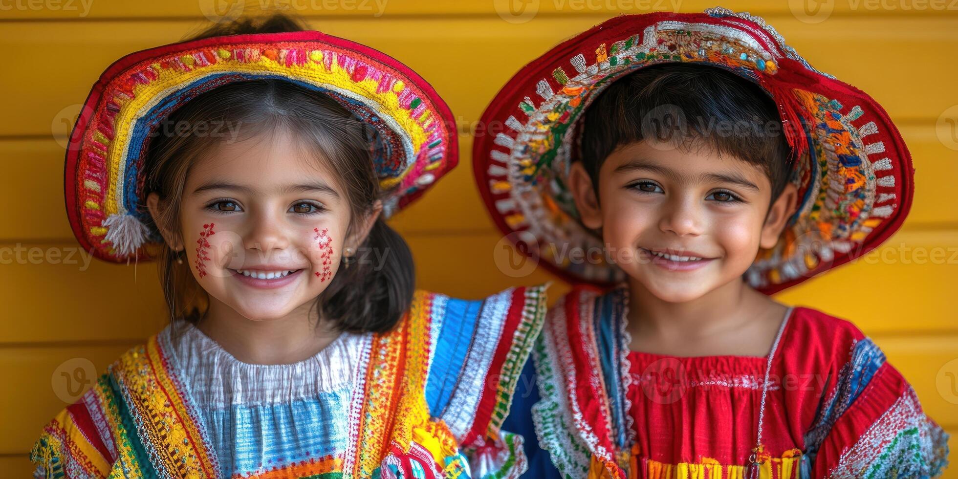 Two children in vibrant attire happily pose against a yellow backdrop photo