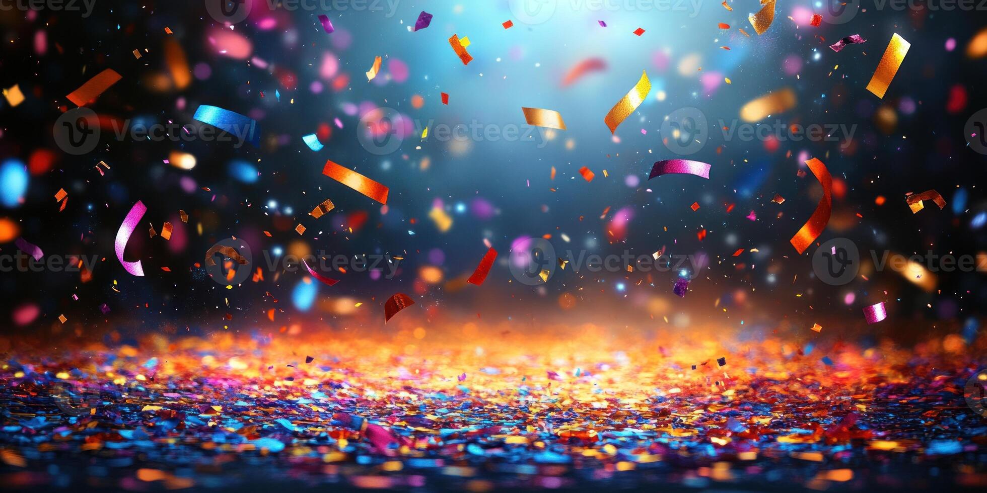 Multicolored confetti falls gracefully in a vibrant, festive atmosphere photo
