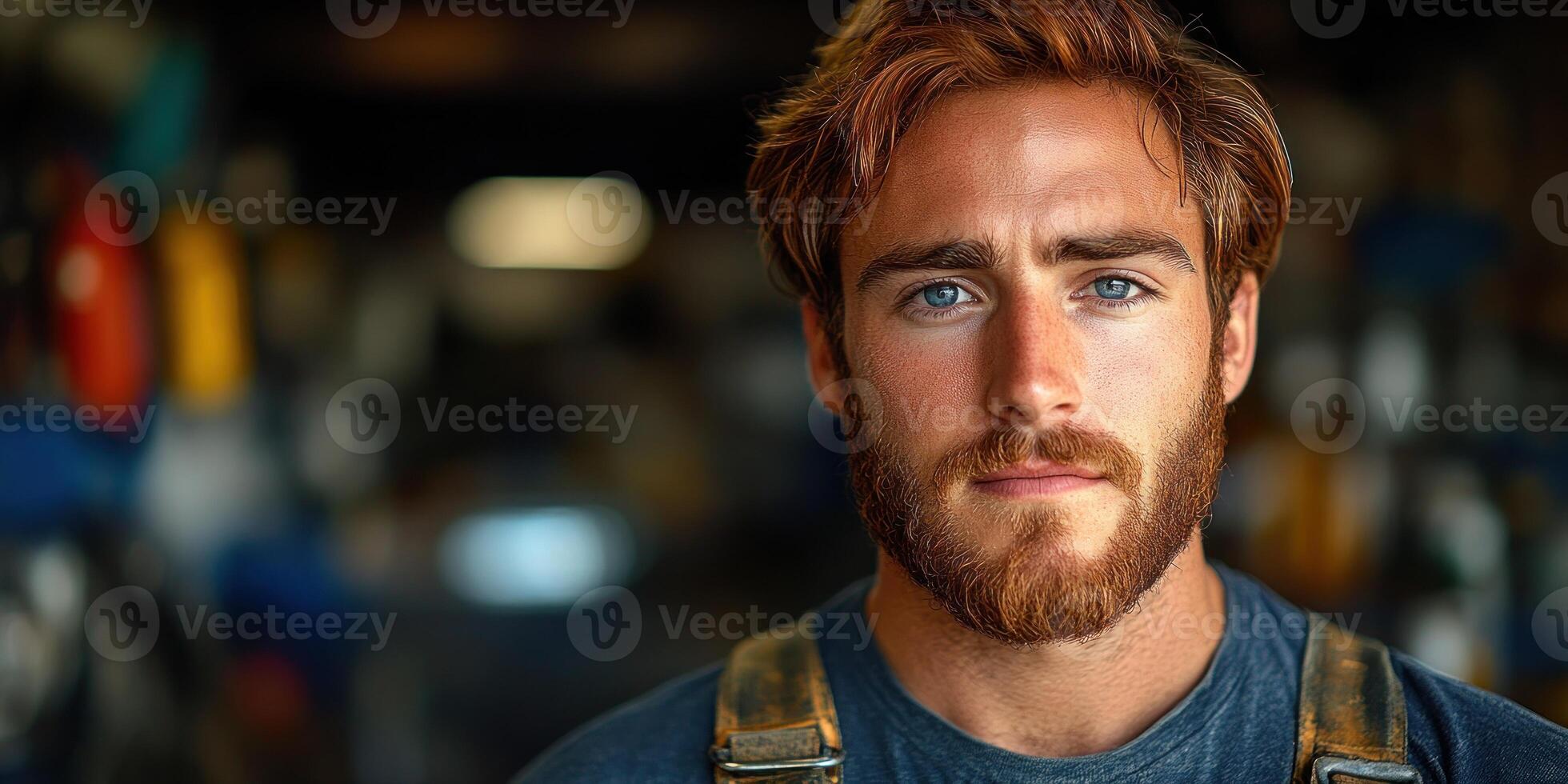 A focused young man stands in a workshop, showcasing craftsmanship and dedication photo