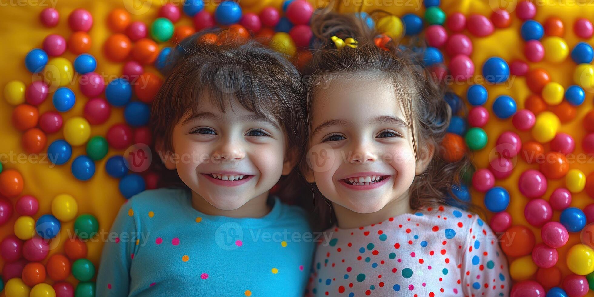 Happy children enjoy playing among colorful balls while lying on a bright surface photo