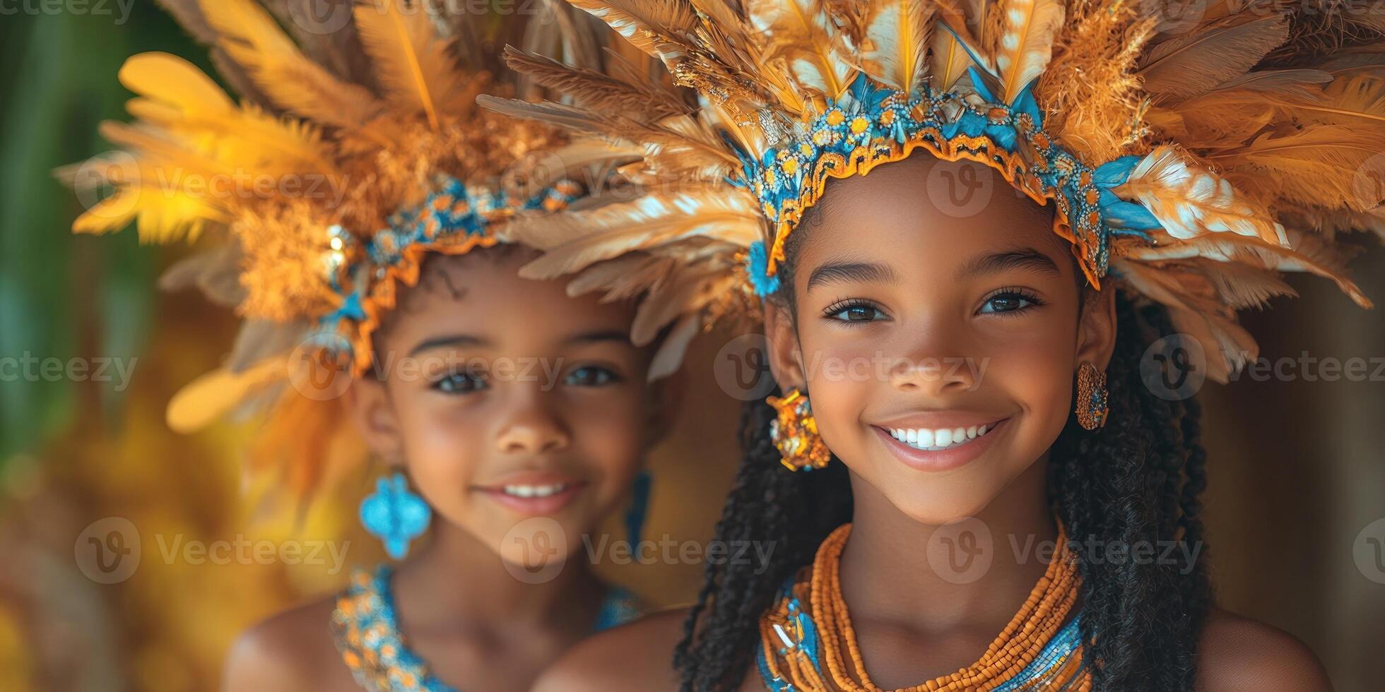 Two girls in vibrant costumes share joyful smiles during a cultural celebration photo