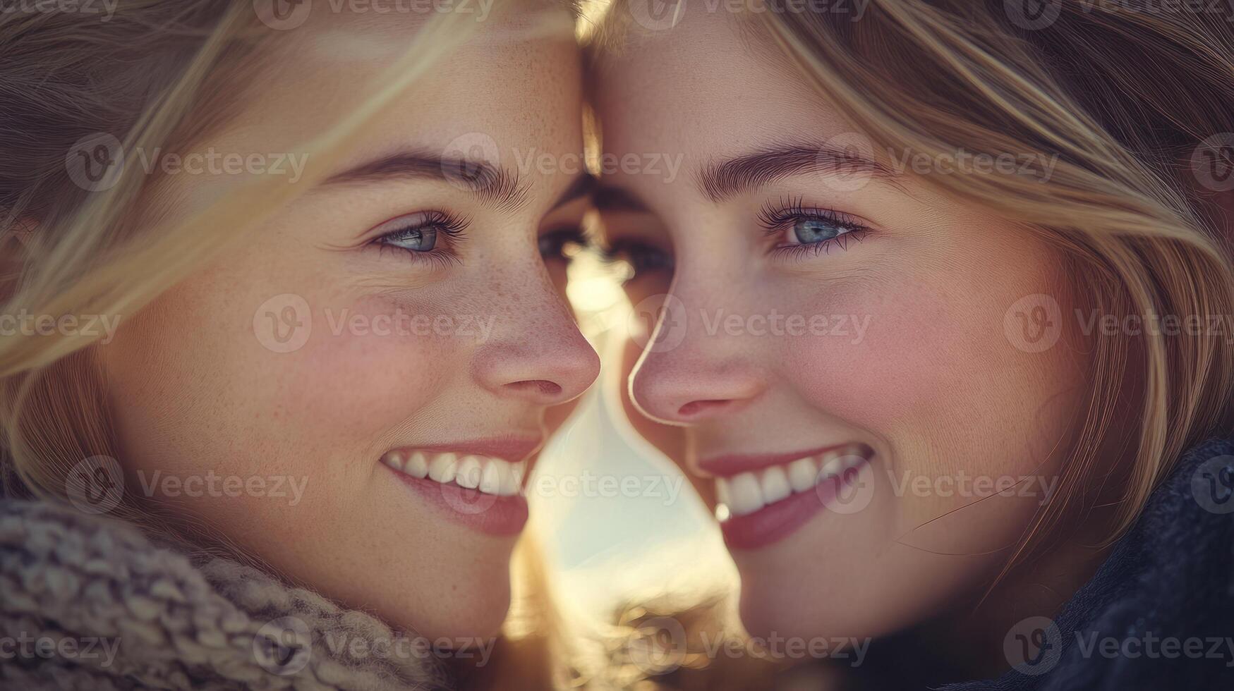 Two young women share joyful smiles while enjoying a sunny winter day outdoors photo