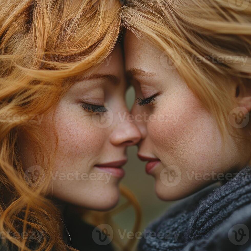 Two friends lean in for a tender moment, enjoying each other's company in soft light photo