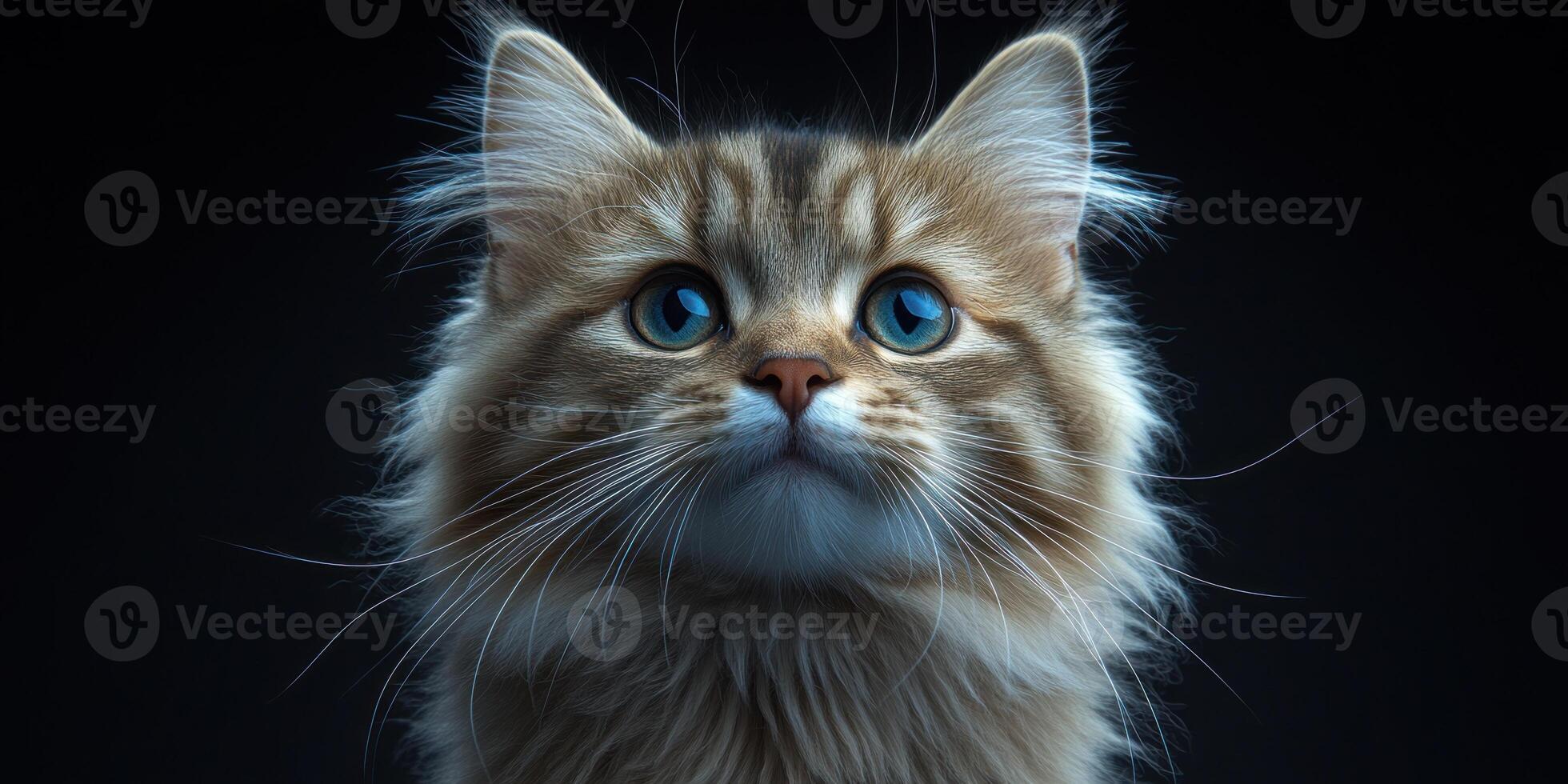 A fluffy cat gazes intently with striking blue eyes in low light photo