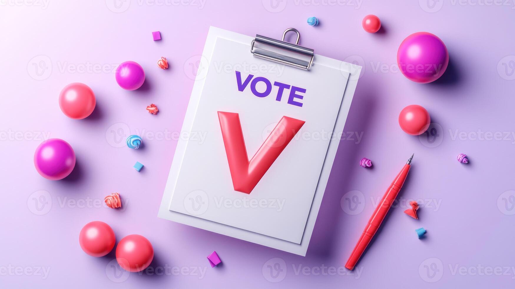 A clipboard showcases a bright red Vote message surrounded by colorful decorations photo