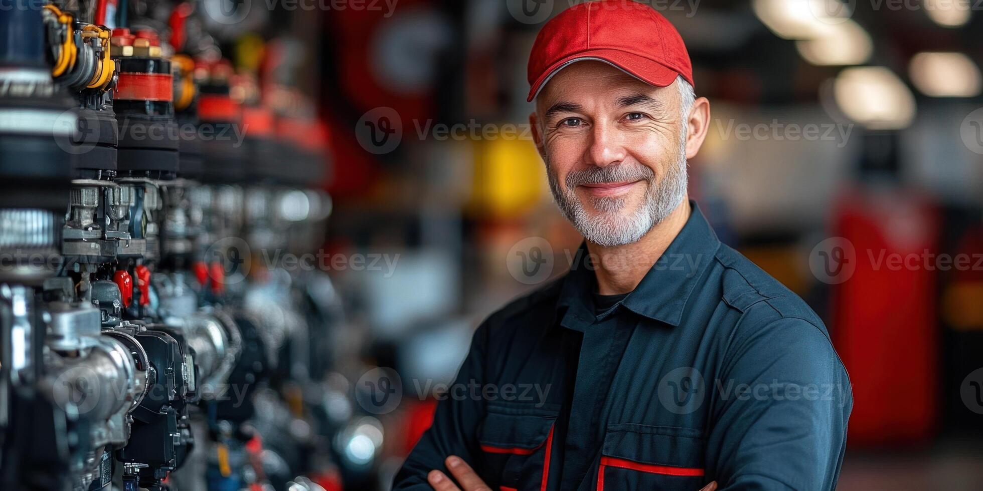 Technician works confidently in a workshop full of machinery and equipment photo