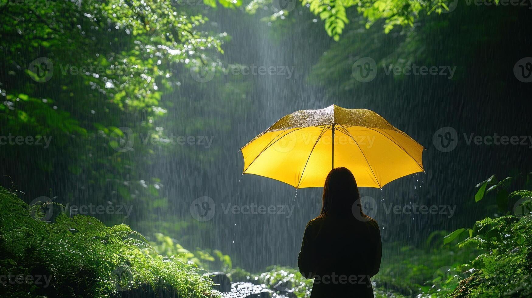 A figure enjoys the soothing rain under a bright yellow umbrella in a green forest photo