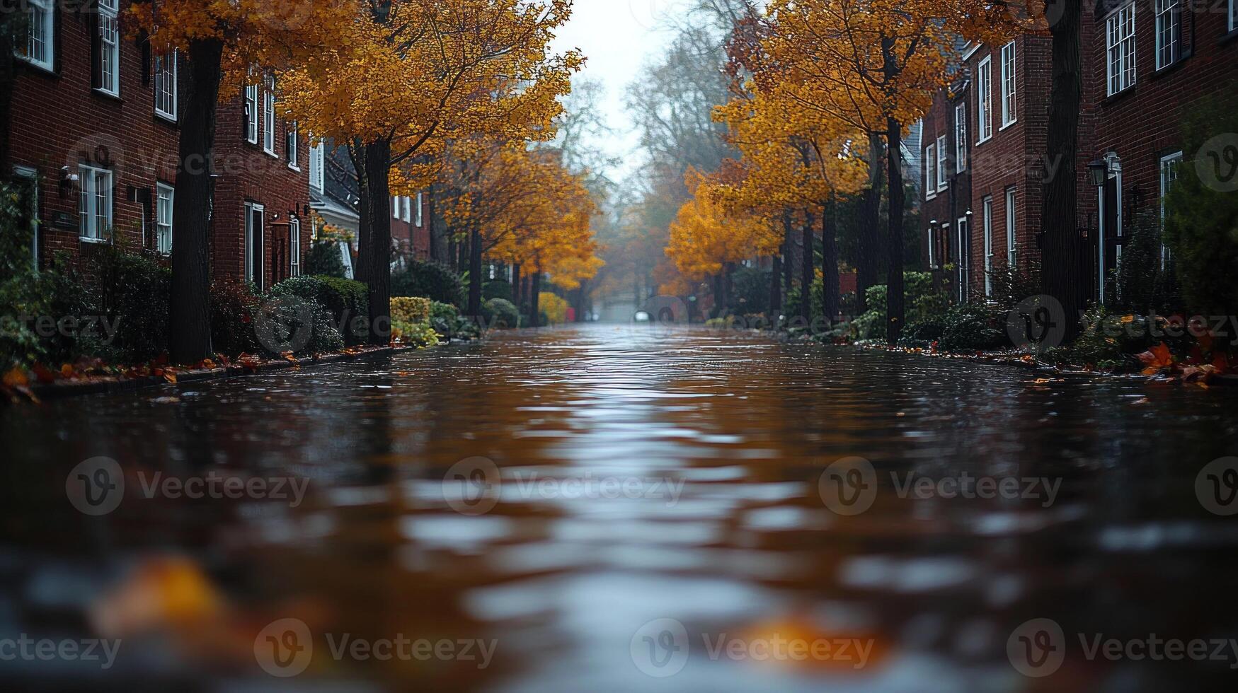 Raindrops create ripples on a flooded street adorned with golden autumn leaves photo