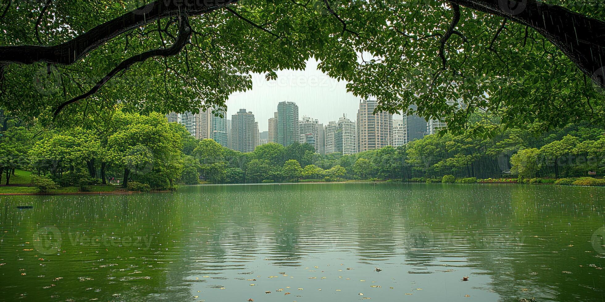 A tranquil lake surrounded by vibrant trees and city skyscrapers under a cloudy sky photo