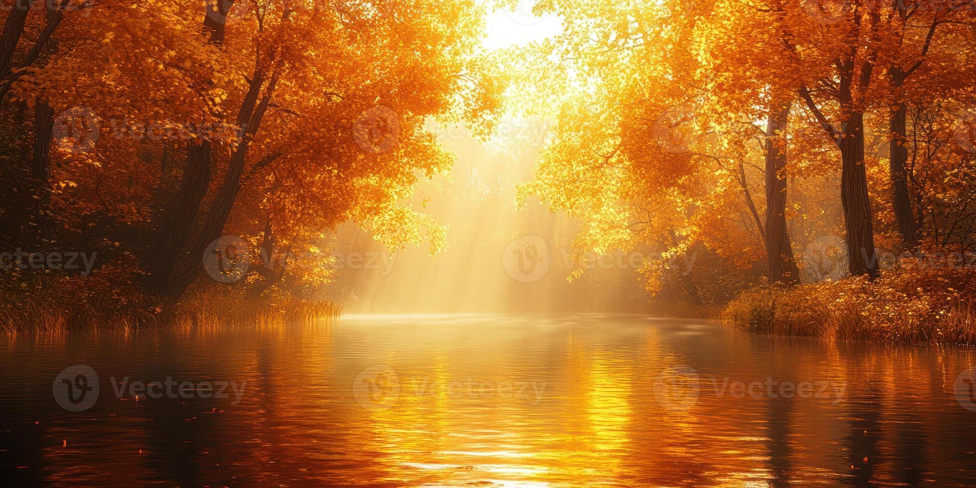 Golden sunlight filters through trees as a calm river reflects fall colors in the evening light photo
