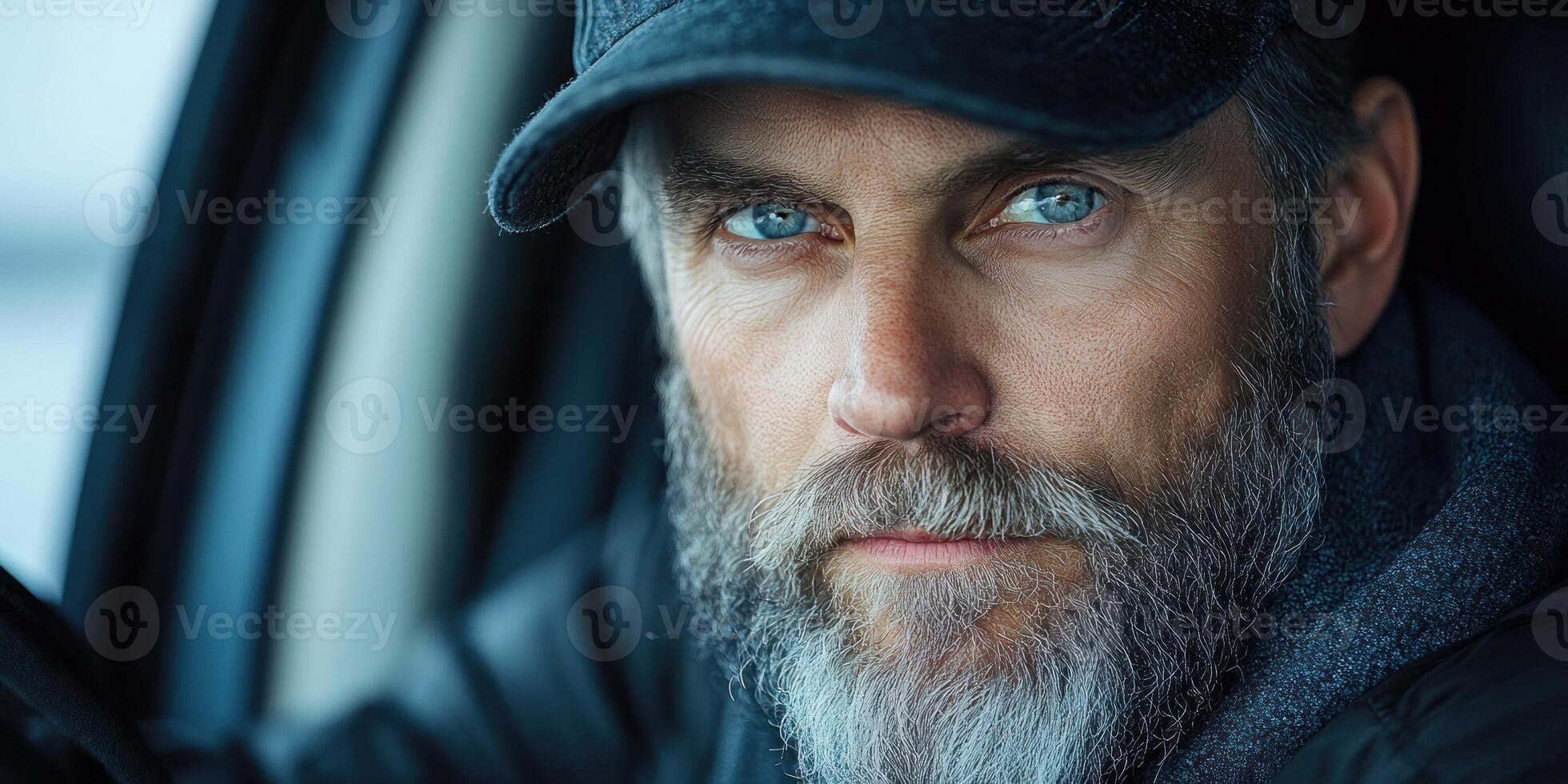 A man gazes intensely while seated inside a vehicle during a cold winter day photo