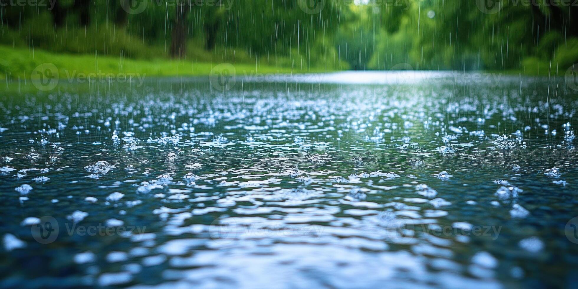 Raindrops create ripples on a peaceful lake surrounded by lush greenery photo