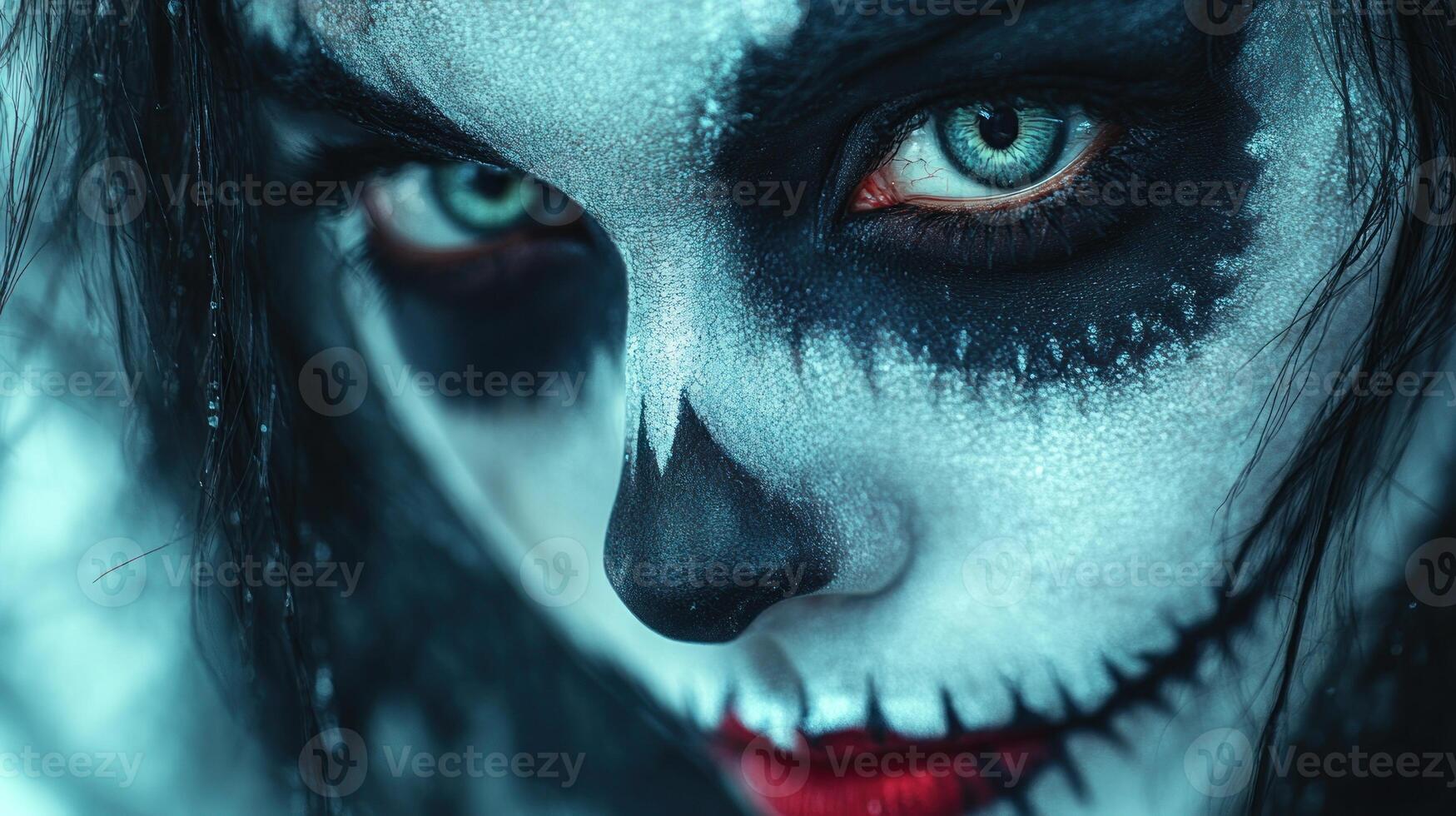 A woman displays intricate skull makeup highlighting her striking features photo