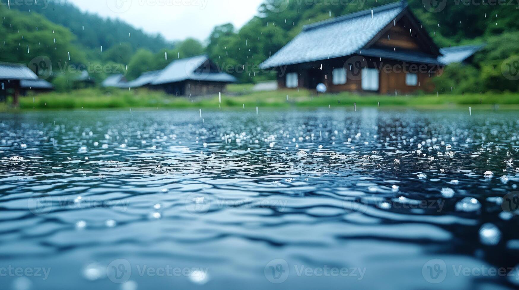 Raindrops fall on the lake, creating ripples while wooden houses stand in the background photo