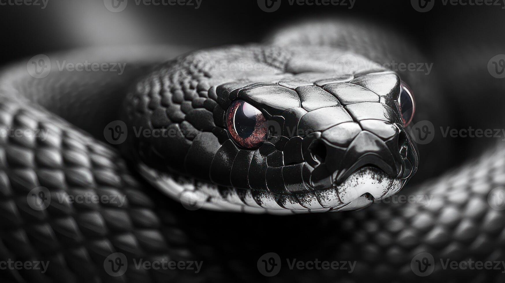 A black snake displays its textured scales and vivid red eyes while coiled in the wild photo
