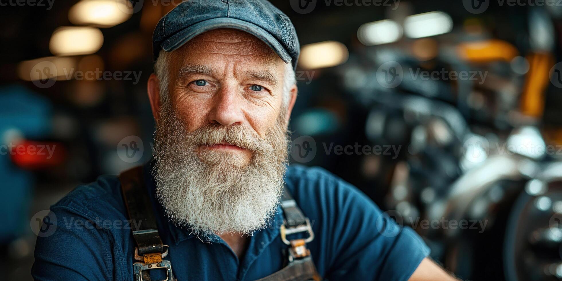 A bearded mechanic sits proudly in his workshop, surrounded by tools and machinery photo