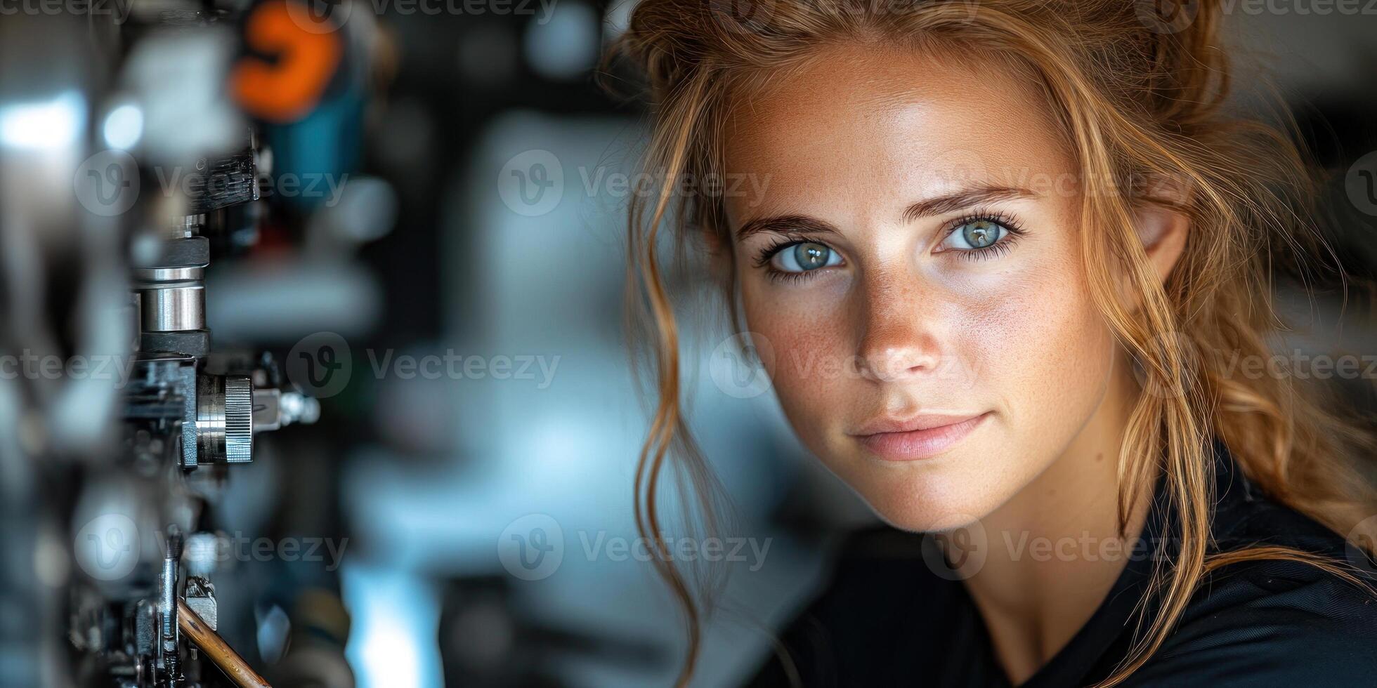 A young woman focused on repairing machinery in a well-lit workshop environment photo